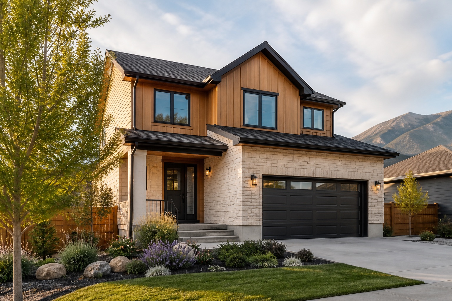 Modern two-story home with natural landscaping and a mountain backdrop